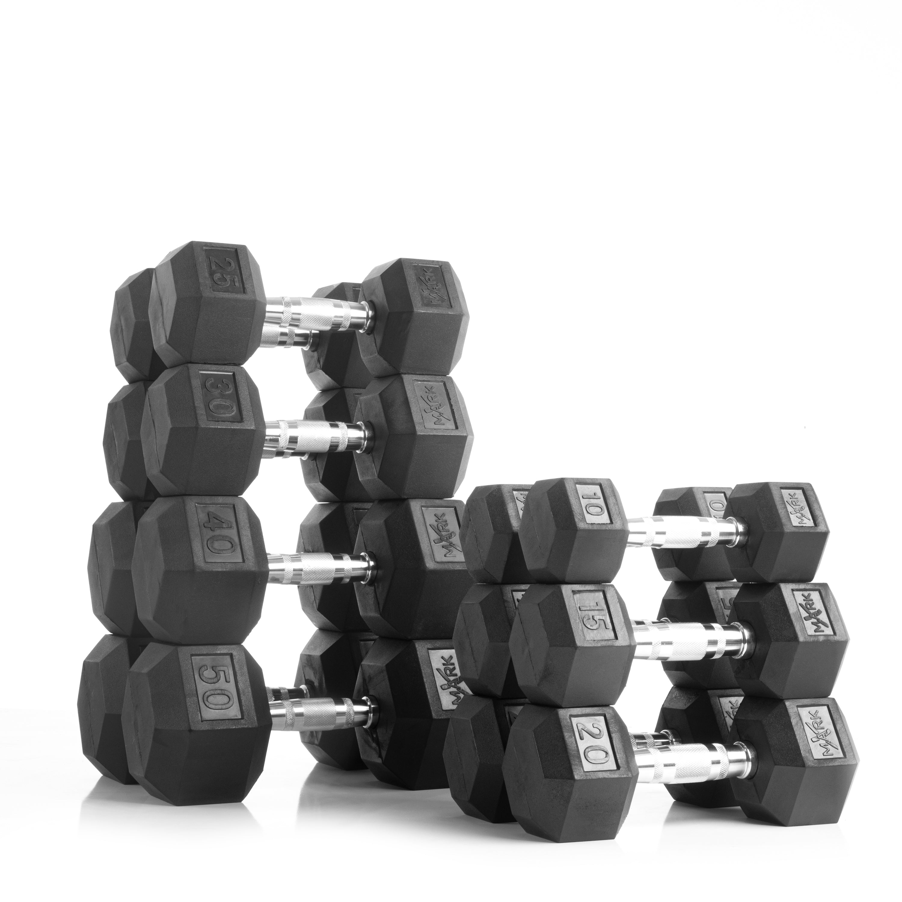 10 to 50 lbs. Rubber Hex Dumbbell Pairs Includes 2-Tier Storage Rack