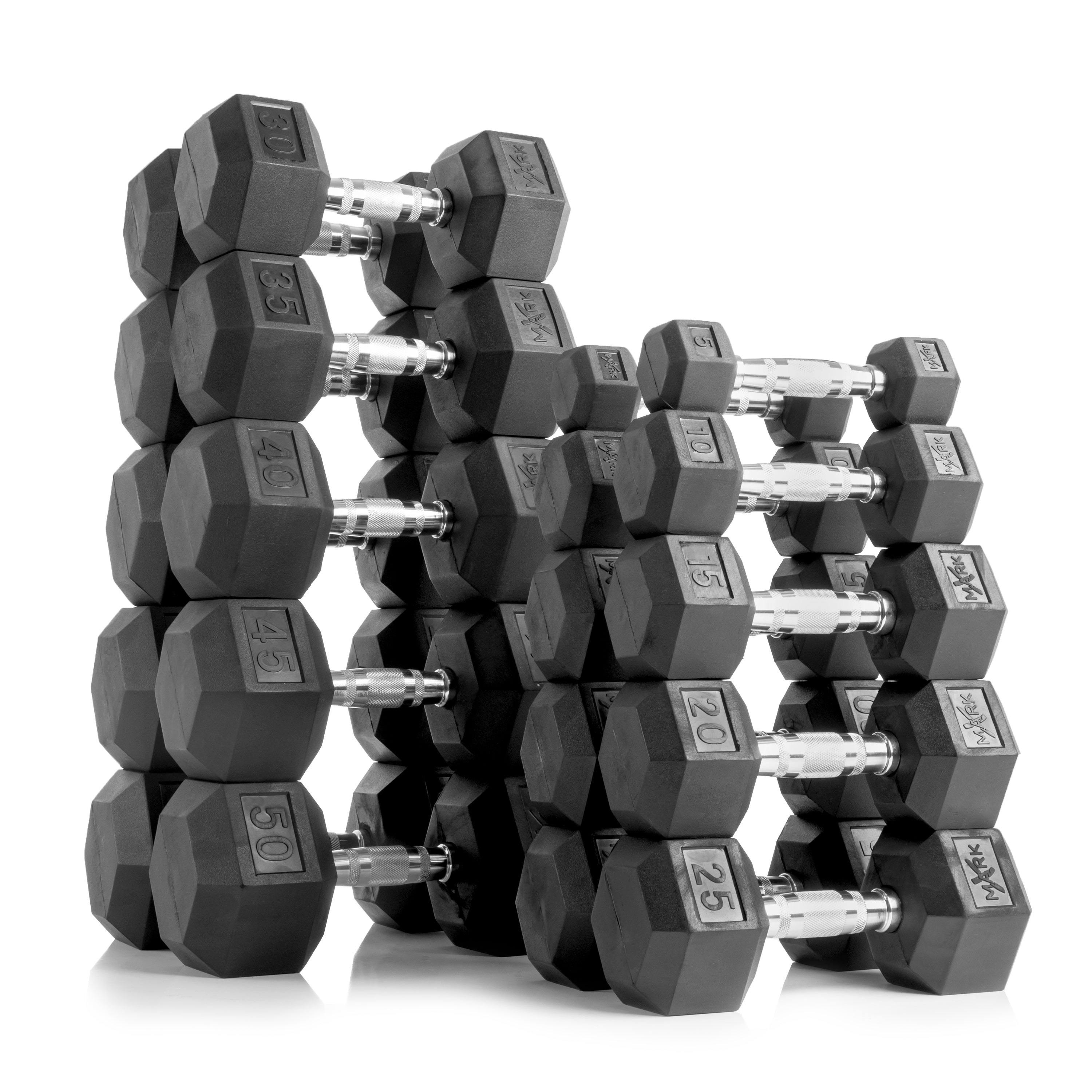 10-Pairs, 5 to 50 lbs. Hex Dumbbells Includes 3-Tier Storage Rack